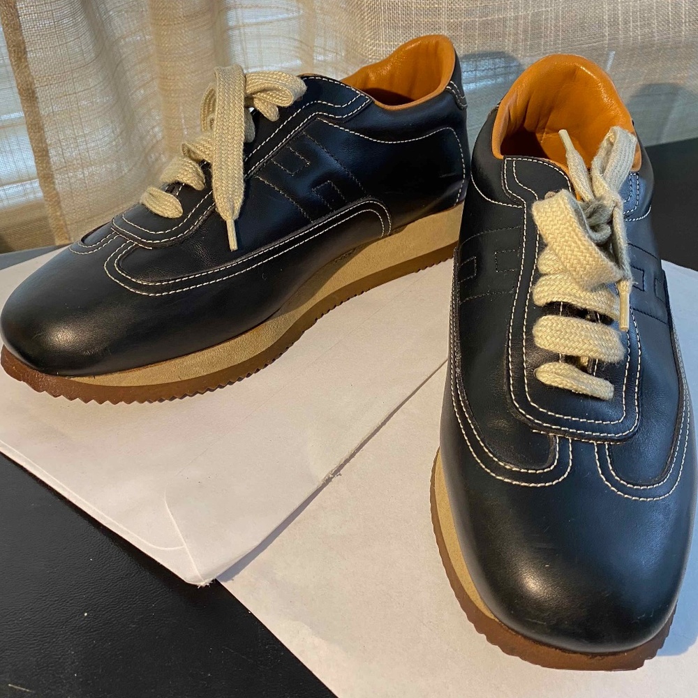 Hermes Leather Fashion Sneakers Rubber Shoes Walking Size 37.5-6.5 Italy Black